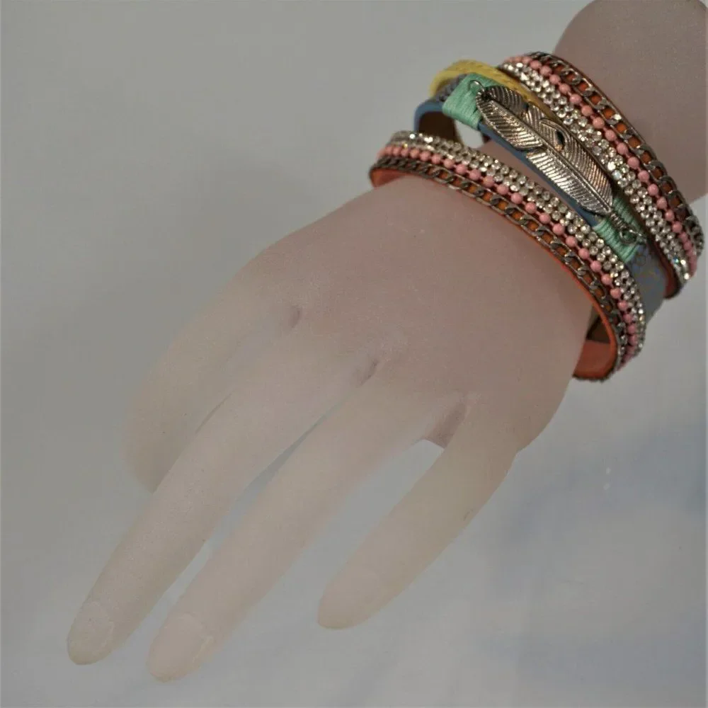 Feather Charm Faux Leather Wrap Bracelet Bling Multi Layer With Magnetic Clasp